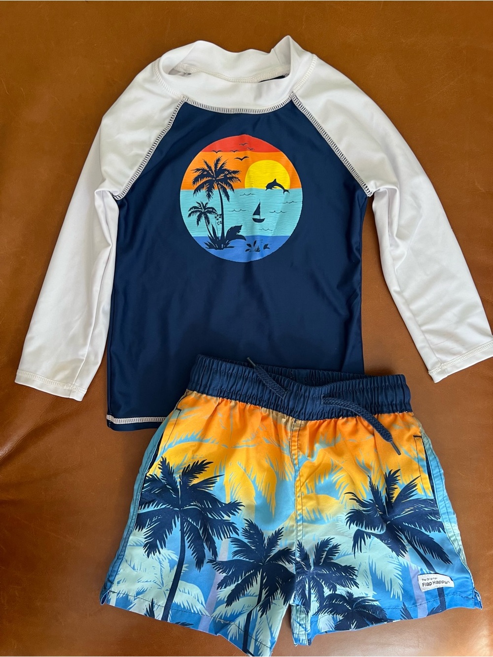 FLAP HAPPY Sunset Palms UPF50 Rash Guard & Swim Trunks, 3T